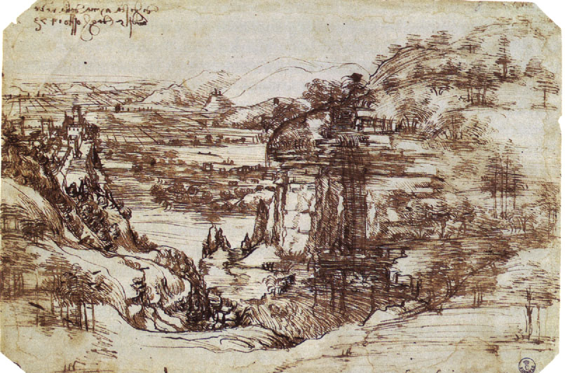 Landscape of the Arno Valley by Leonardo da Vinci, pen and ink, 1473, Uffizi Gallery
