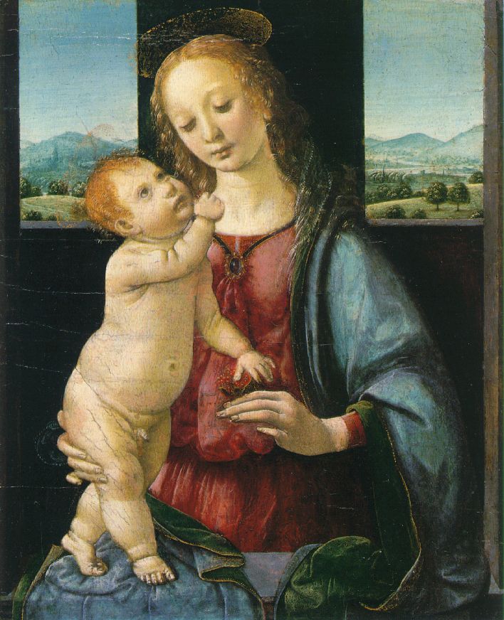 Baptism of Christ by Verrocchio and Leonardo da Vinci, oil and tempera on panel, c. 1472-1475, Uffizi Gallery