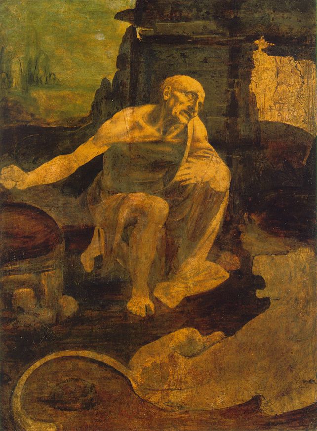 Saint Jerome in the Wilderness by Leonardo da Vinci, oil on walnut panel, c. 1480-1490, Vatican Museums, Rome